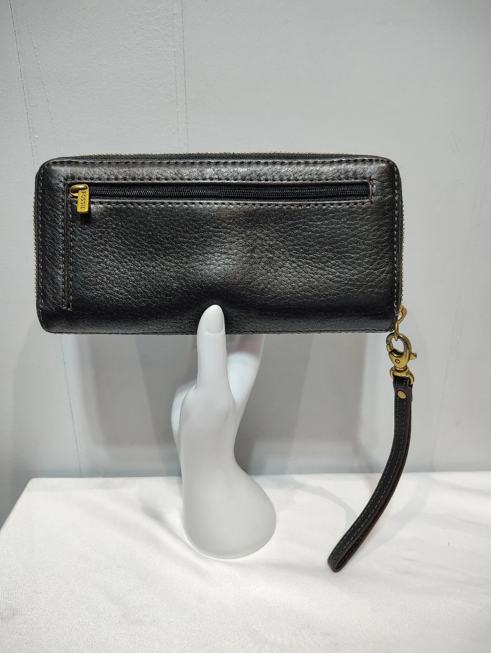 Fossil Black Leather Zip Around Wallet Wristlet Organizer Clutch Large